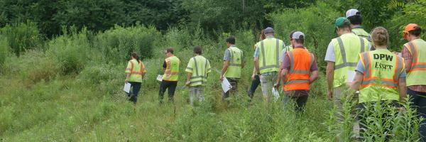Photo of tour participants walking through native grasses